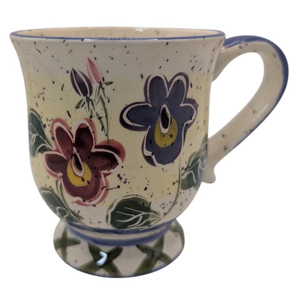 Enesco‎ Julie Ueland Floral Mug Footed Hand Painted Blue Green Four Inch 1999